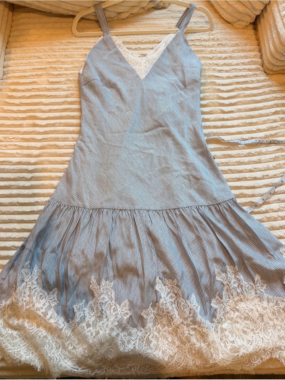 Gold Hawk Striped Blue-White Lace Trim Midi Dress